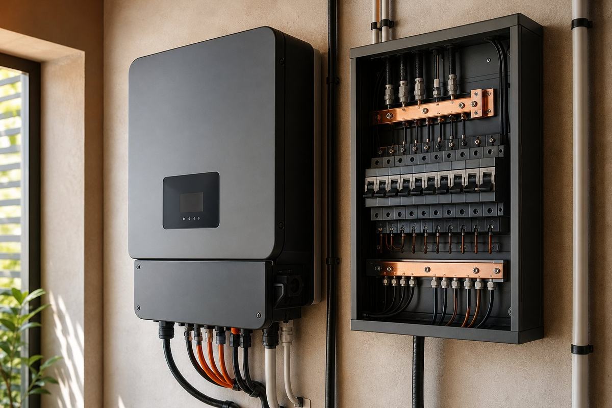 A neat inverter and distribution board installation on a plastered wall