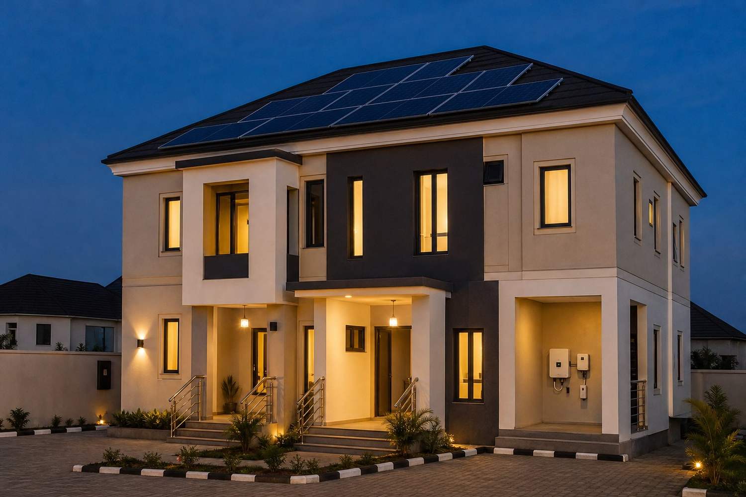 A modern Abuja house at dusk with a rooftop solar array and lit windows