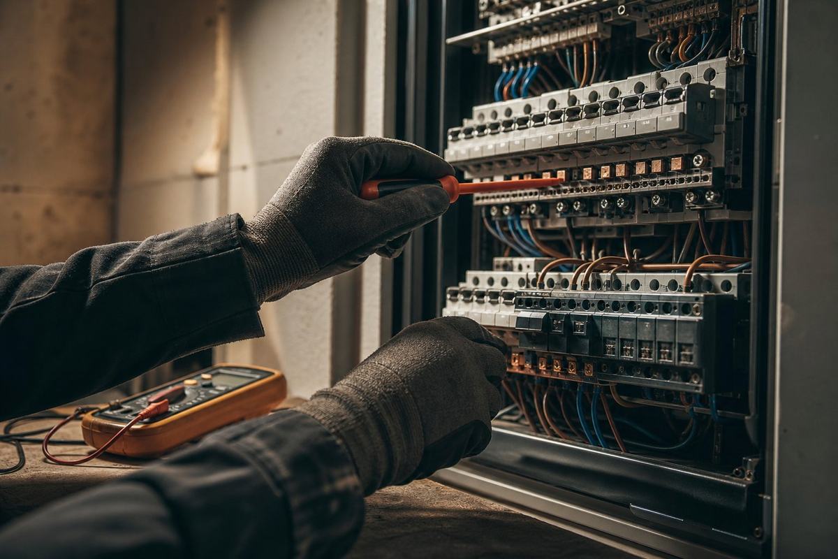 Gloved hands of an electrician working on an open distribution panel